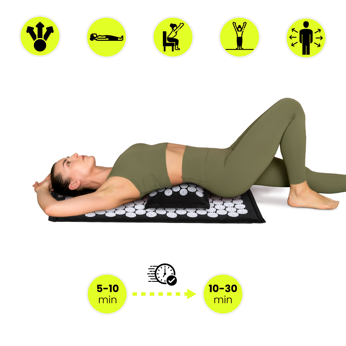 Tapis d'acupression en lin écologique avec coussin en fibres de coco et sarrasin – 68 cm HyperMotion Noir et Blanc