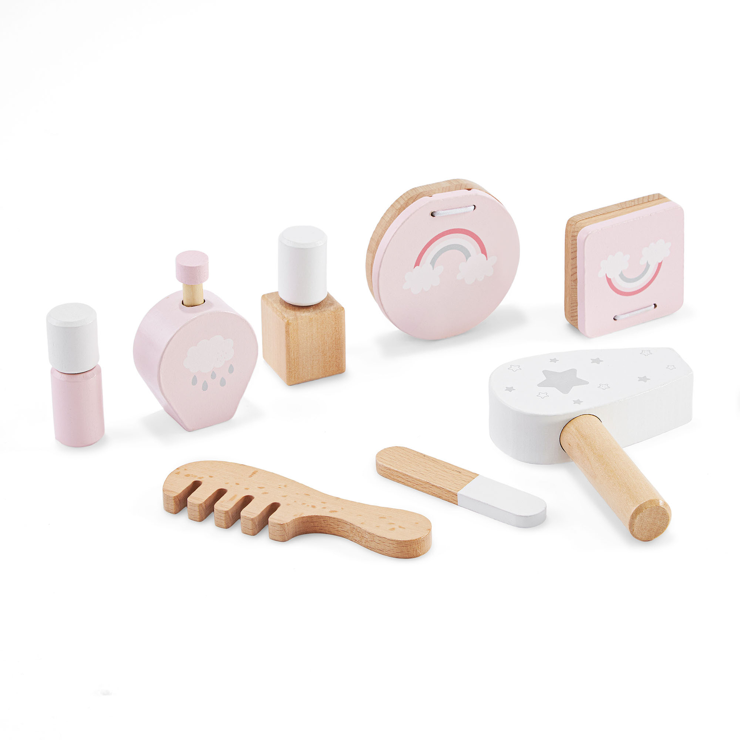 Mini coiffeuse en bois pour enfants avec accessoires et éclairage LED à luminosité réglable.