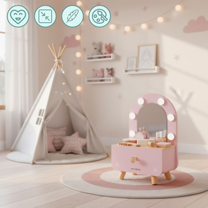 Mini coiffeuse en bois pour enfants avec accessoires et éclairage LED à luminosité réglable.