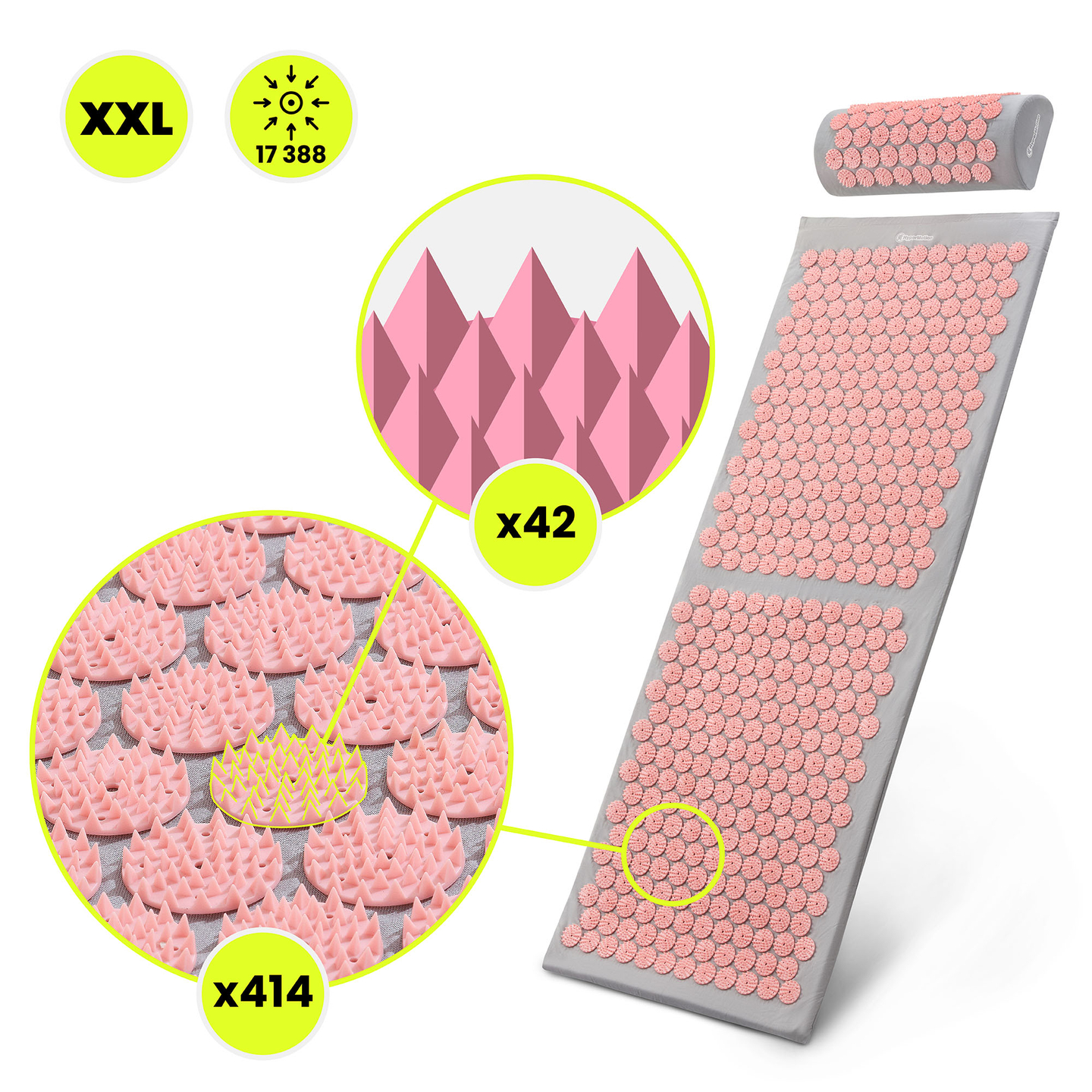 Grand tapis d'acupression avec coussin et housse - 130 cm HyperMotion gris et rose