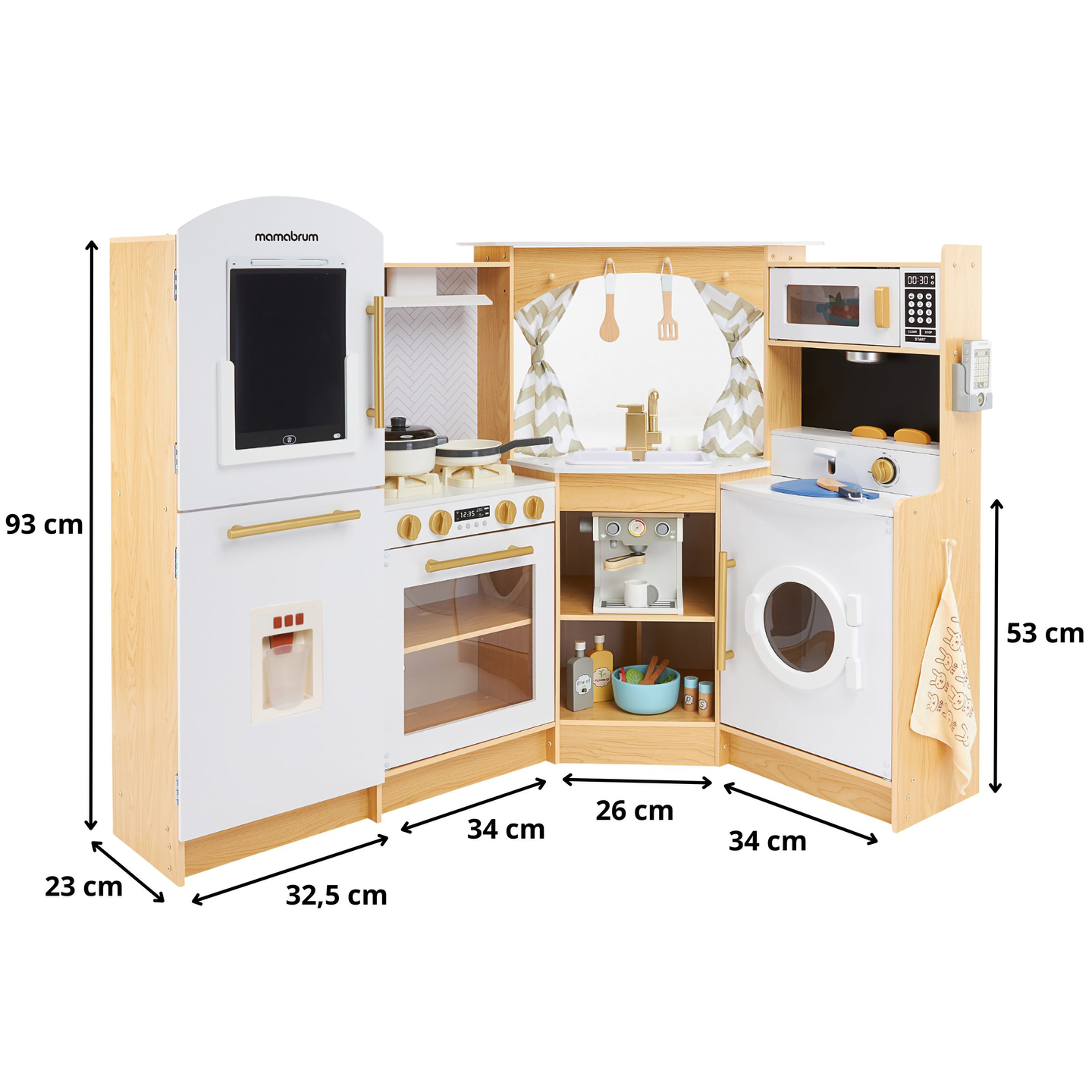 XXXXL grande cuisine interactive en bois avec éclairage LED, lave-linge, micro-ondes, machine à café et set de fruits et légumes - 50 éléments