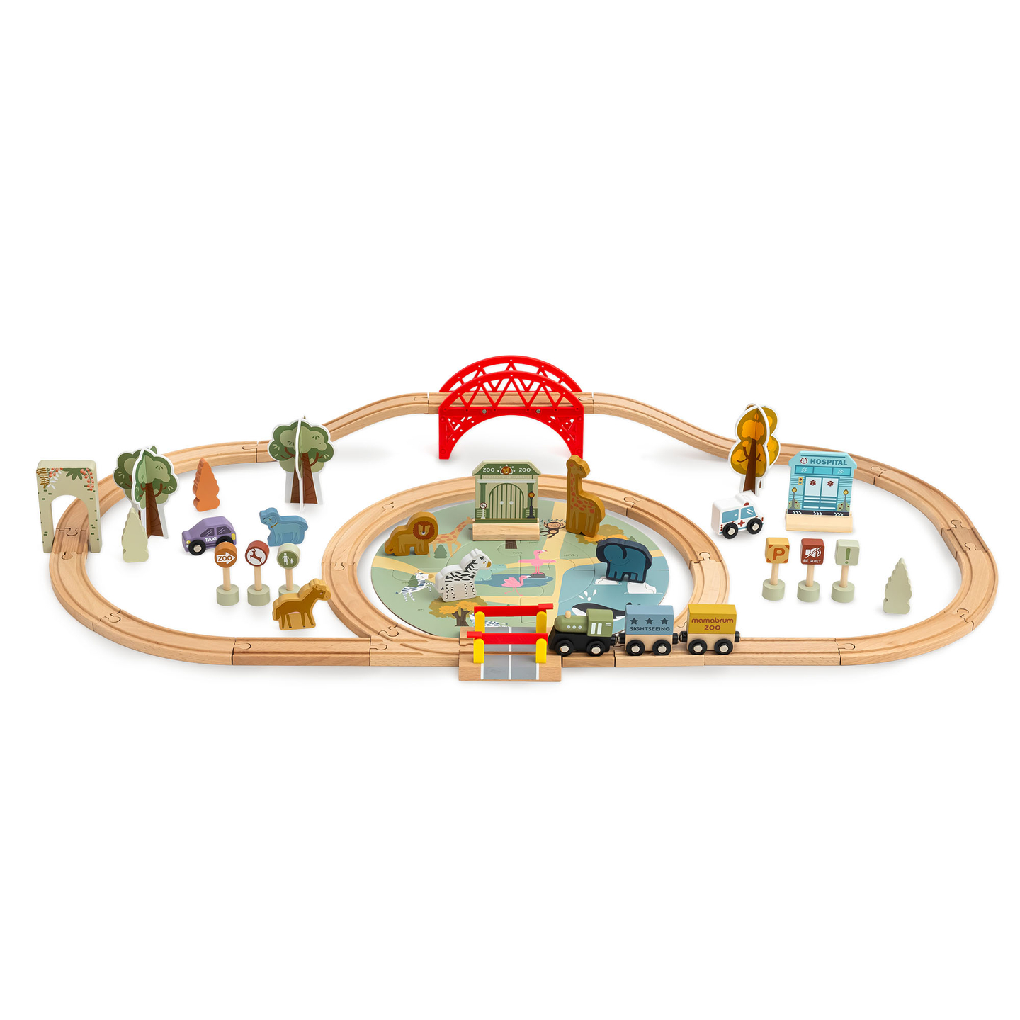 Train ZOO en bois – puzzle, train, rails, animaux, pont, barrière