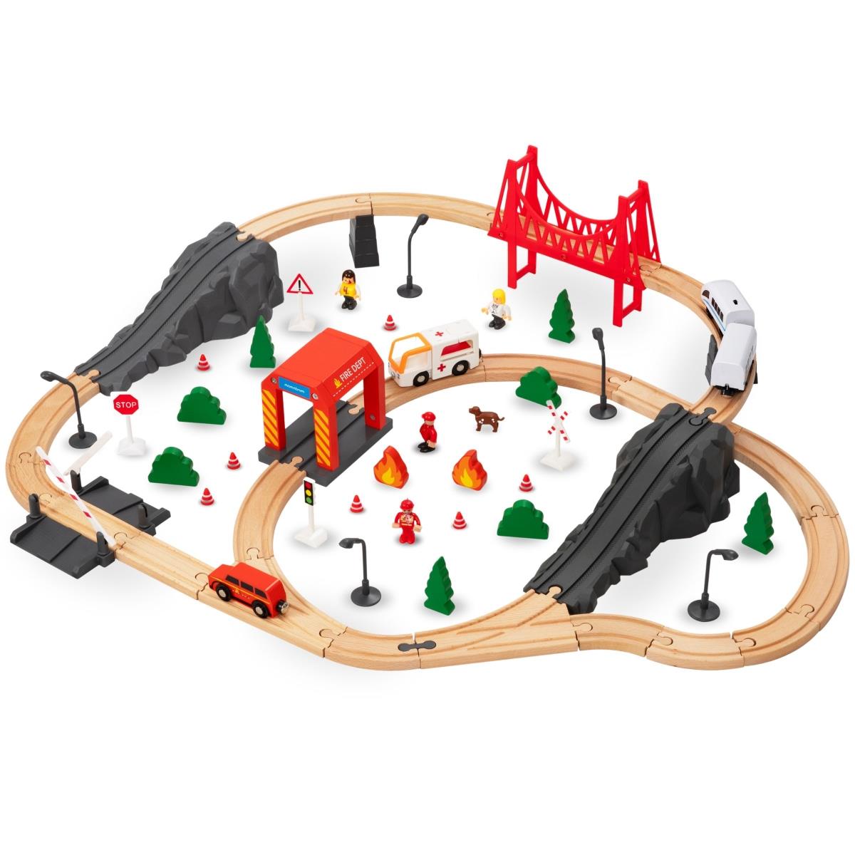 Chemin de fer en bois, train à batterie - Pompiers, voies, voitures, ponts, barrière