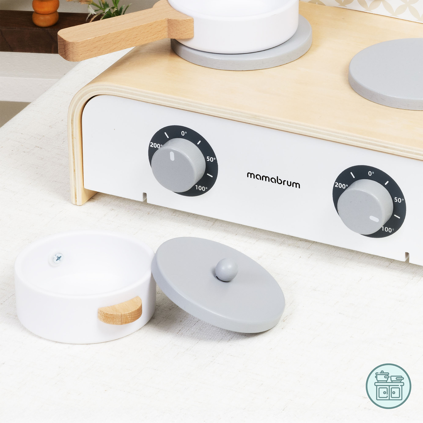 Cuisine pliante en bois Mamabrum pour enfants - Ensemble avec casseroles, accessoires de cuisine et rangement