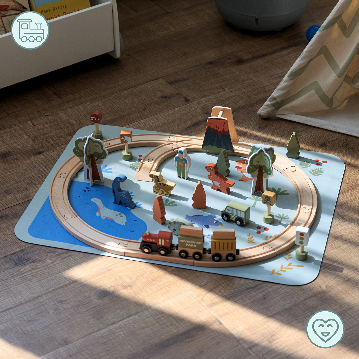 Train en bois Dino Park avec tapis antidérapant - dinosaures, train, rails, volcan, cloche