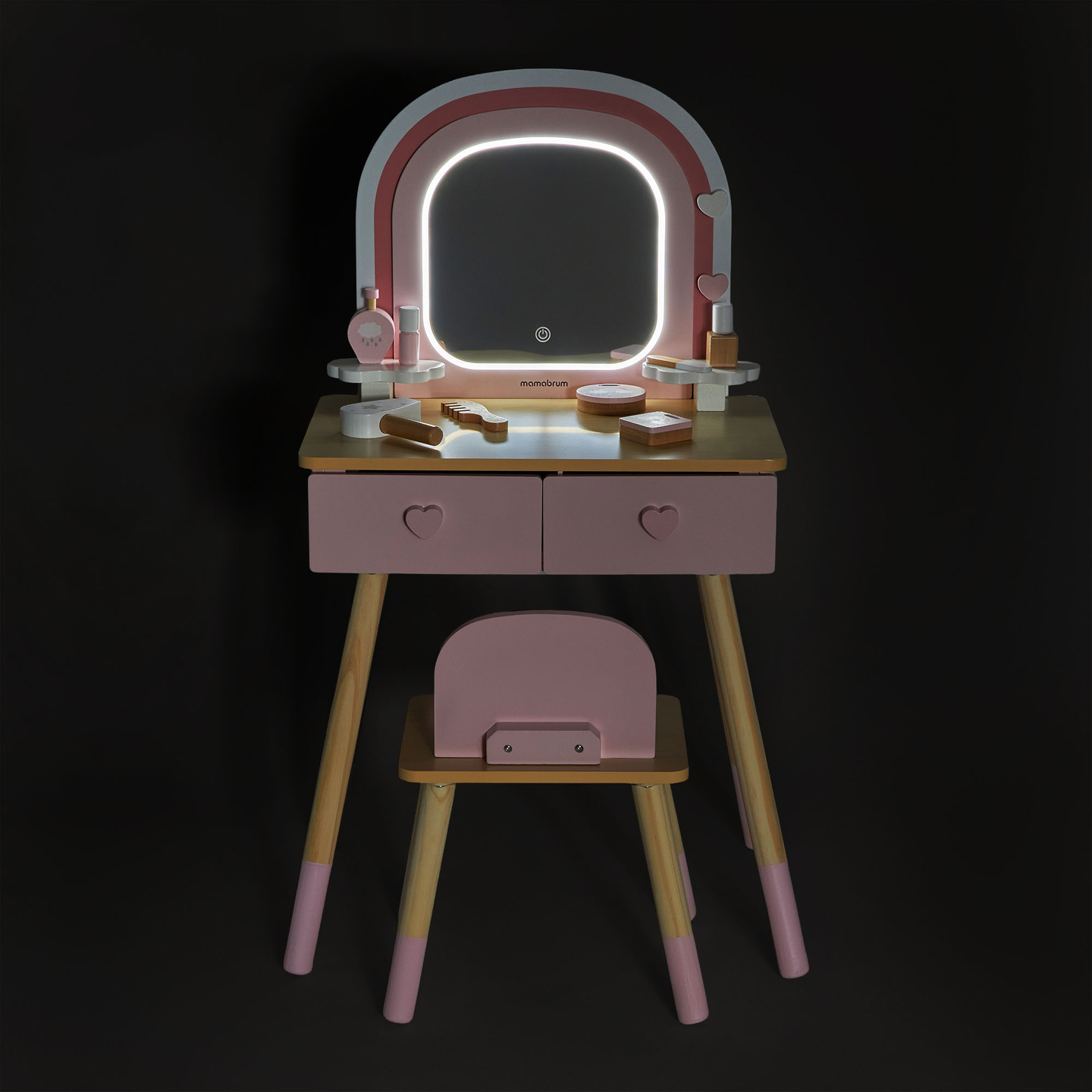 Coiffeuse en bois pour enfants avec éclairage LED à luminosité réglable, chaise et accessoires inclus.