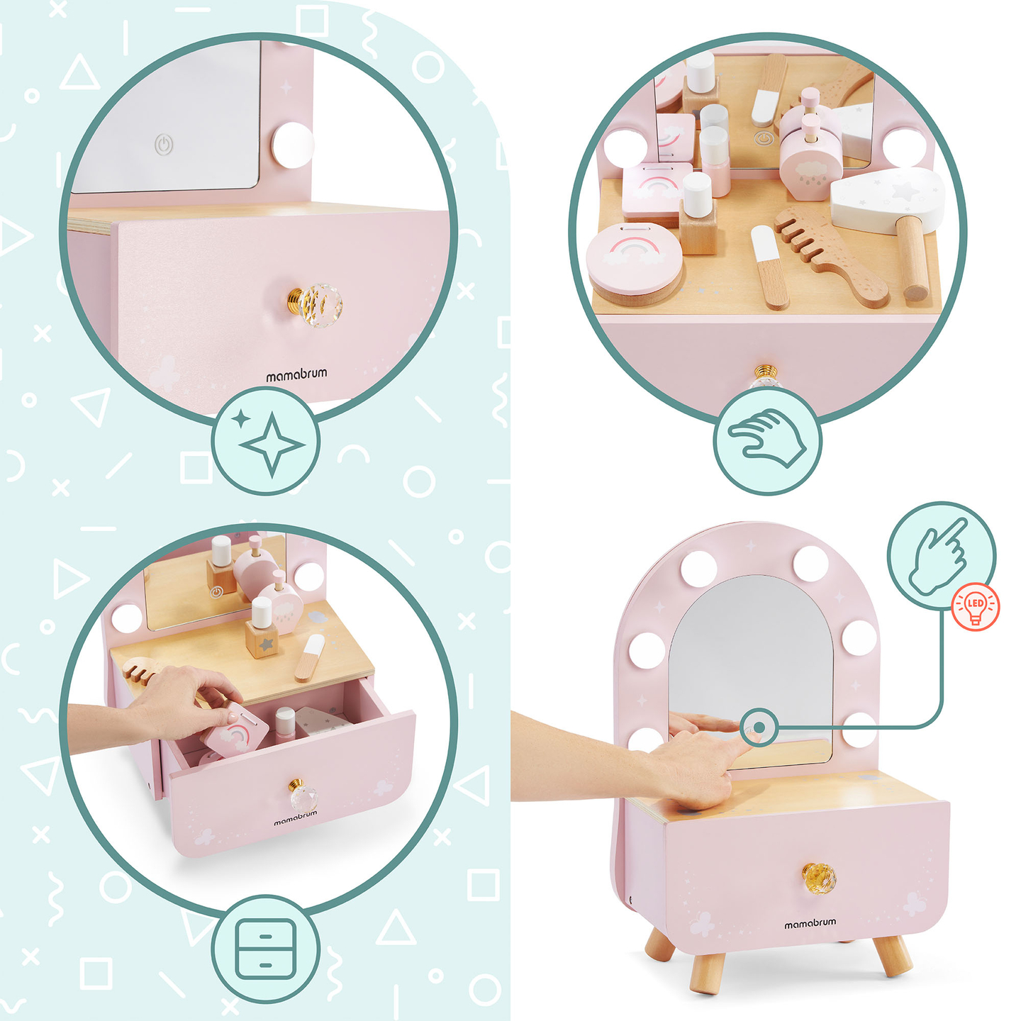 Mini coiffeuse en bois pour enfants avec accessoires et éclairage LED à luminosité réglable.