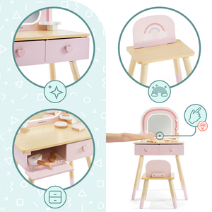 Coiffeuse en bois pour enfants avec éclairage LED à luminosité réglable, chaise et accessoires inclus.