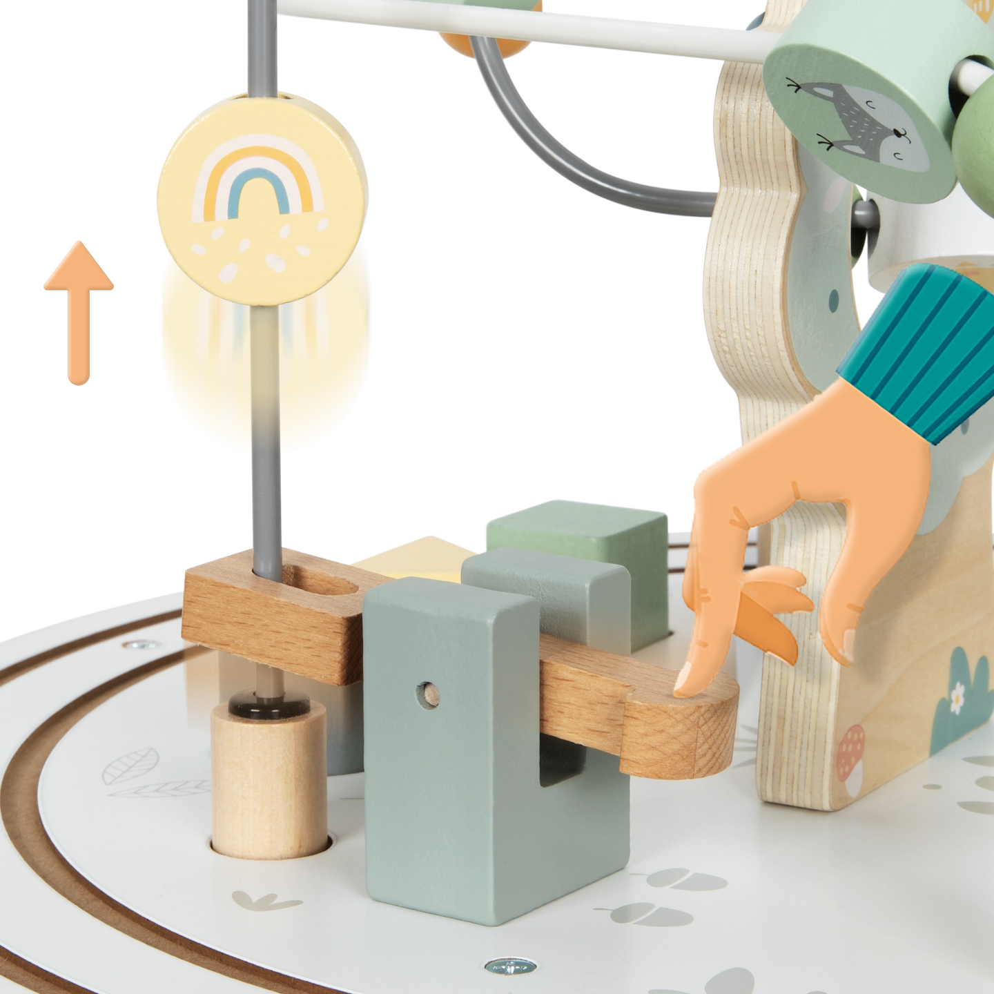 Table éducative ronde en bois avec un train magnétique et un lanceur de perles