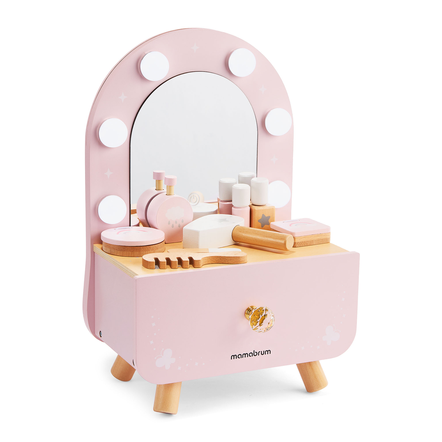 Mini coiffeuse en bois pour enfants avec accessoires et éclairage LED à luminosité réglable.