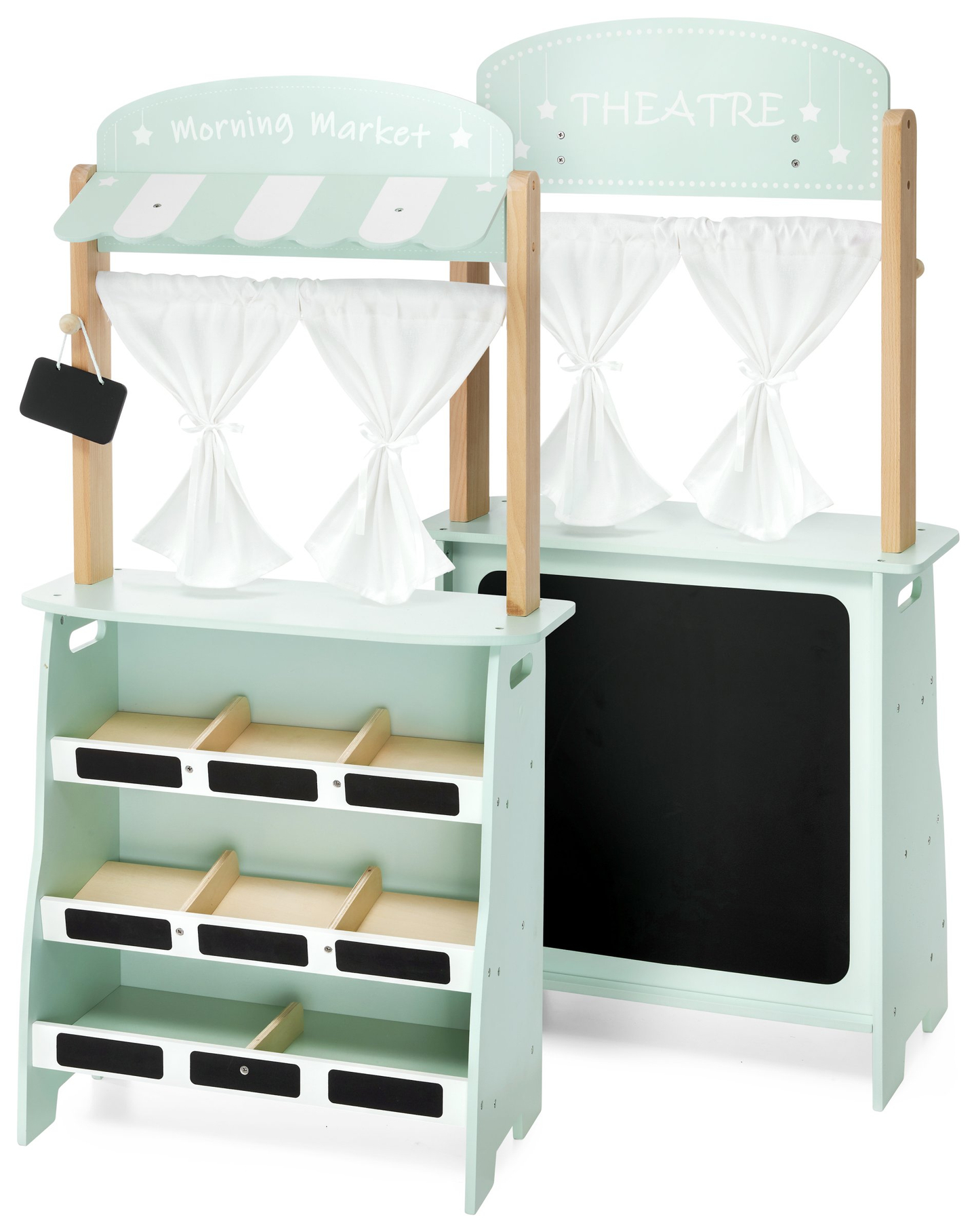 Grande boutique en bois - étalage et théâtre 2 en 1 avec balance, terminal de paiement, fruits et légumes