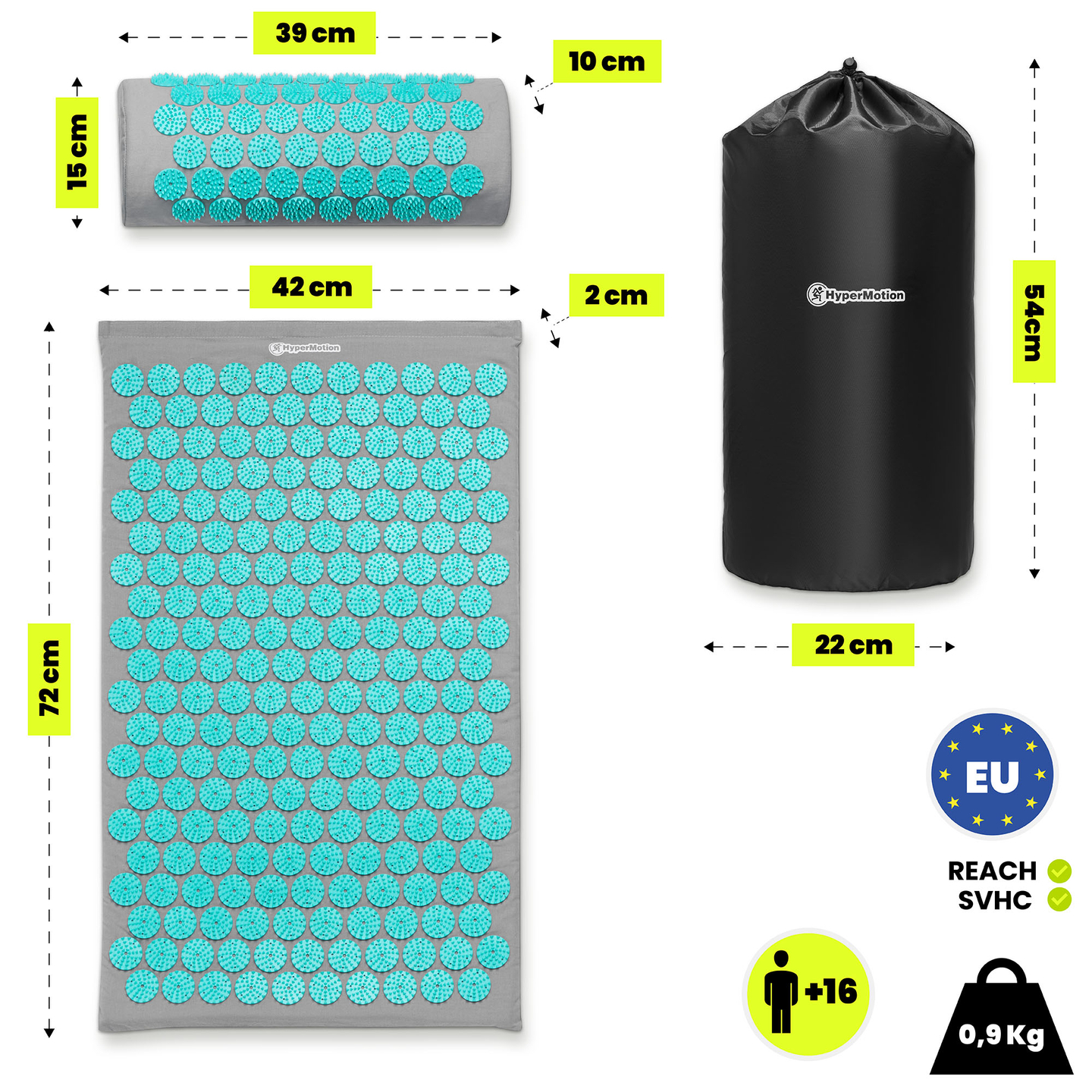 Tapis d'acupression avec coussin et housse - 72 cm HyperMotion gris-menthe