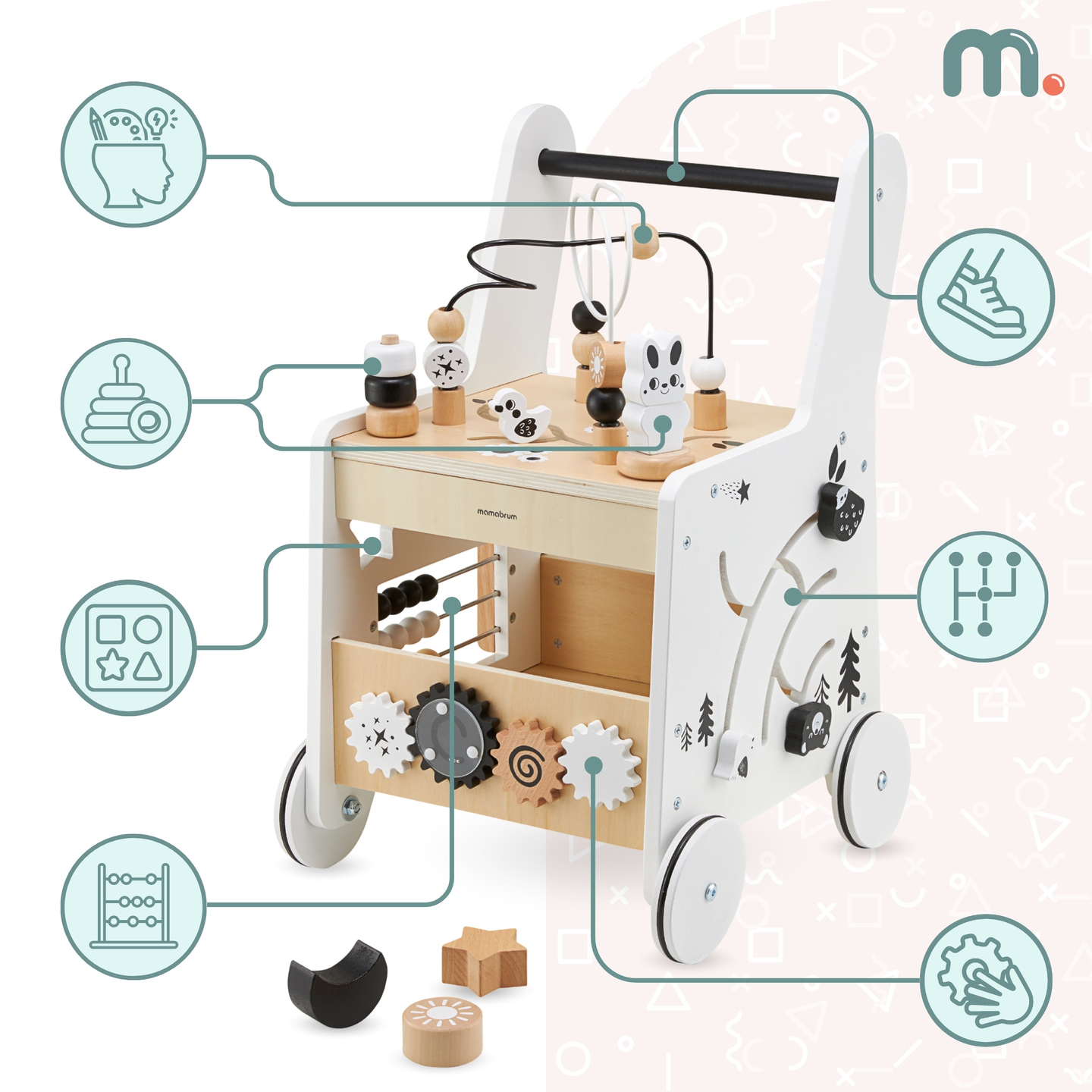 Poussette en bois 6in1, déambulateur avec fonction de table d'apprentissage