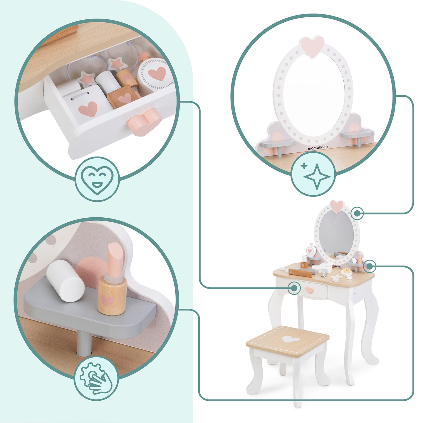 Coiffeuse en bois avec tabouret et accessoires