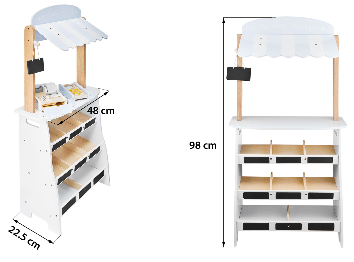 Magasin de légumes - étalage en bois avec caisses, caisse enregistreuse et terminal
