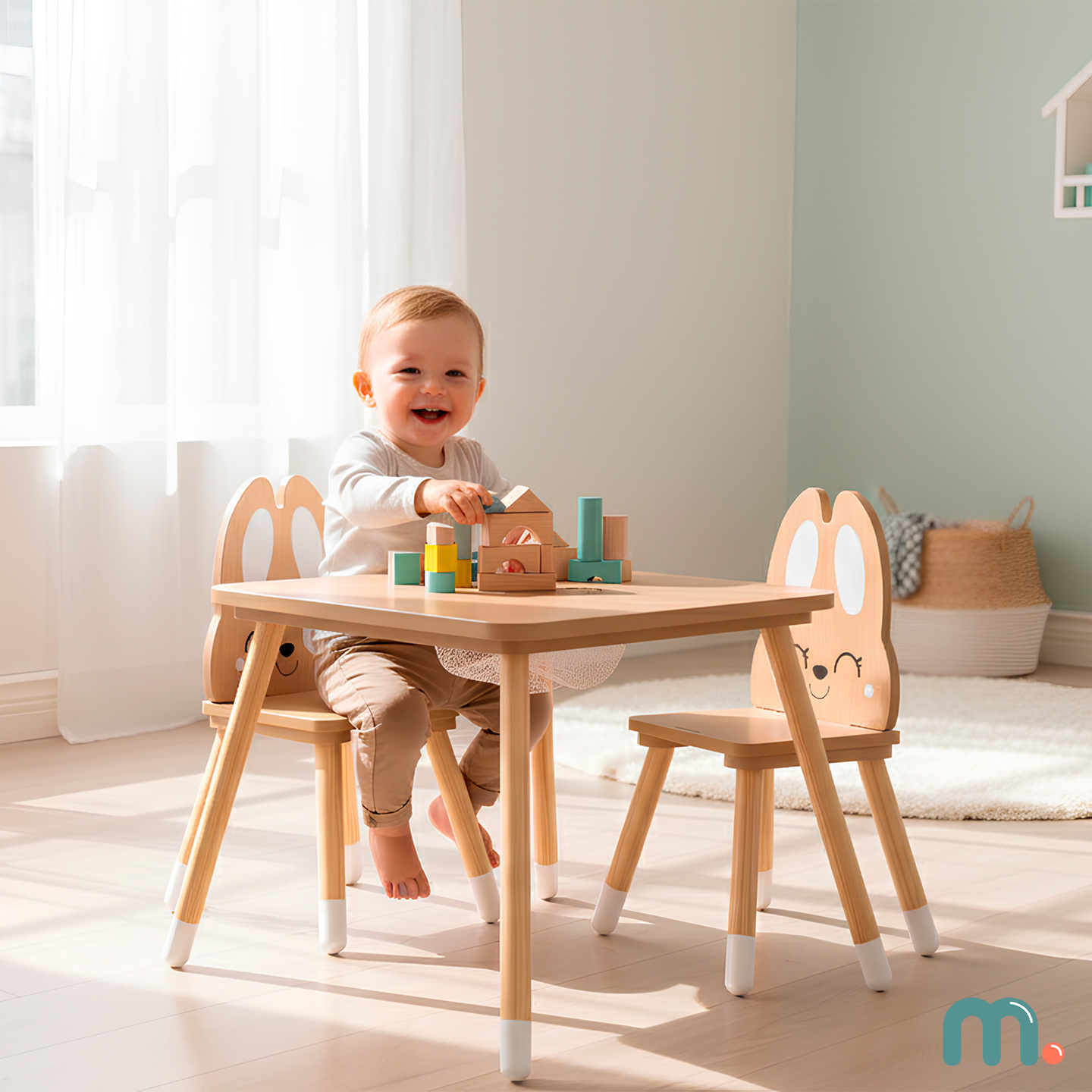 Table en bois avec rangement et 2 chaises Ensemble enfant - Lapin mignon