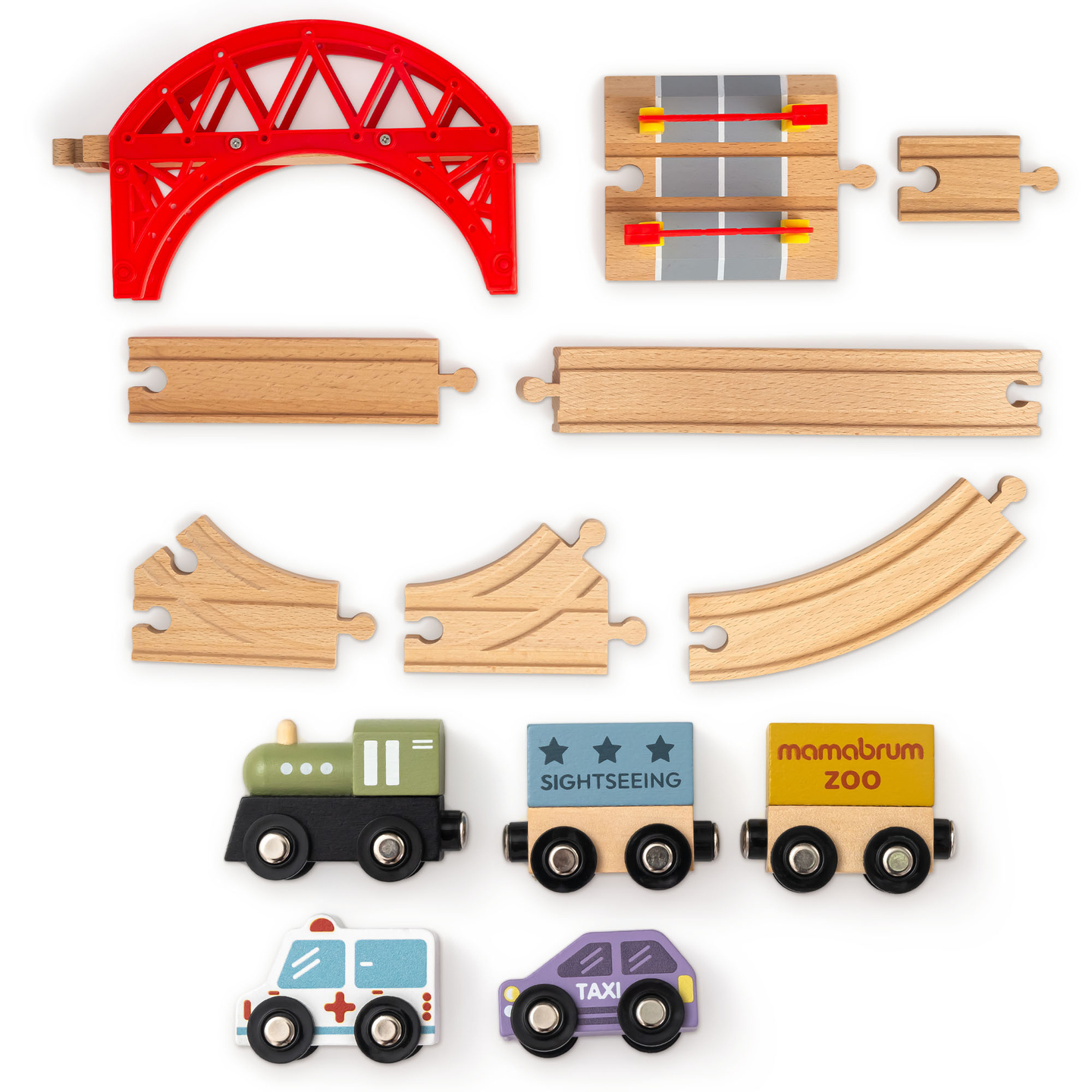 Train ZOO en bois – puzzle, train, rails, animaux, pont, barrière