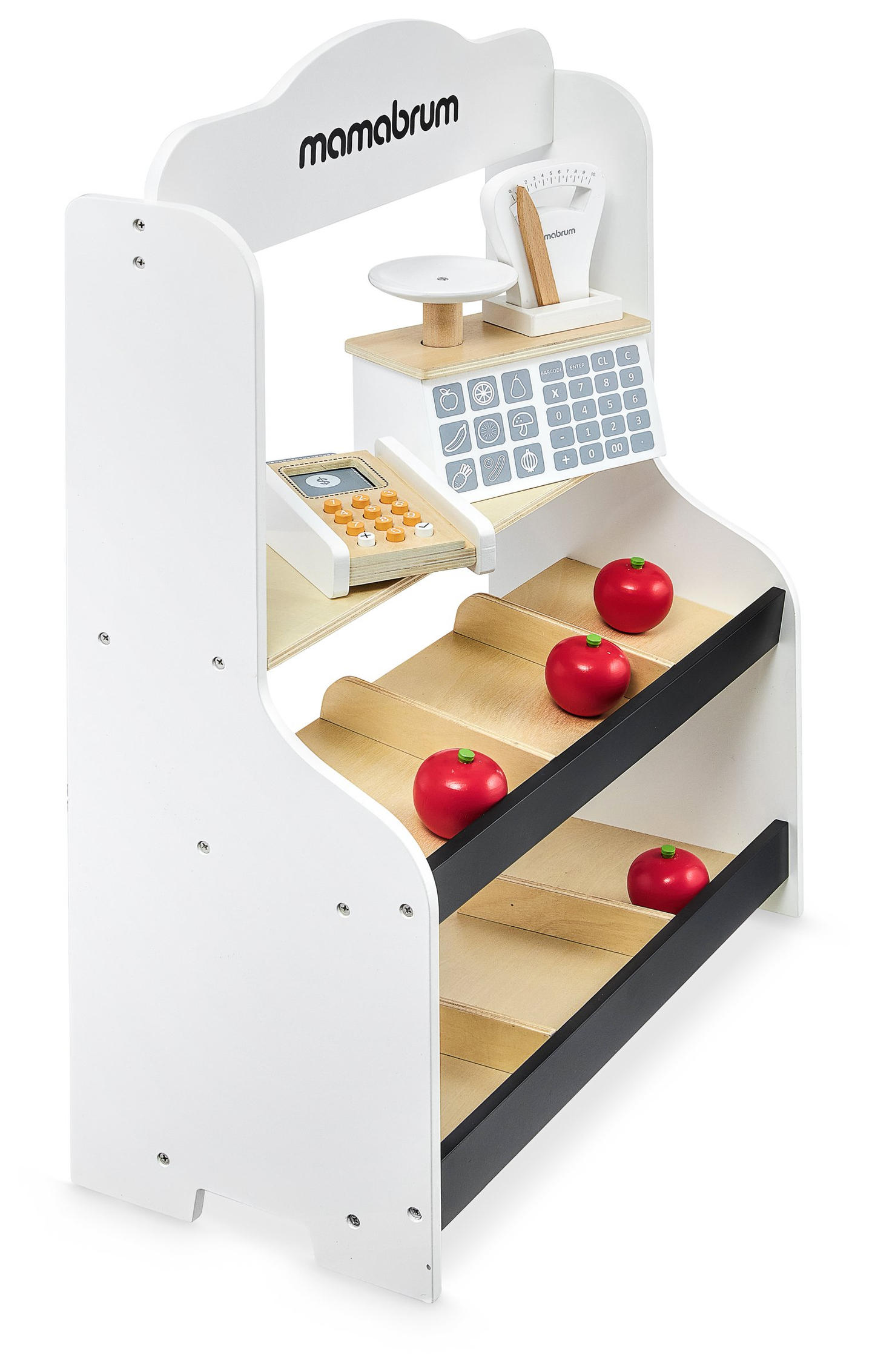 Mini market - magasin avec balances, terminal, carte de paiement et fruits