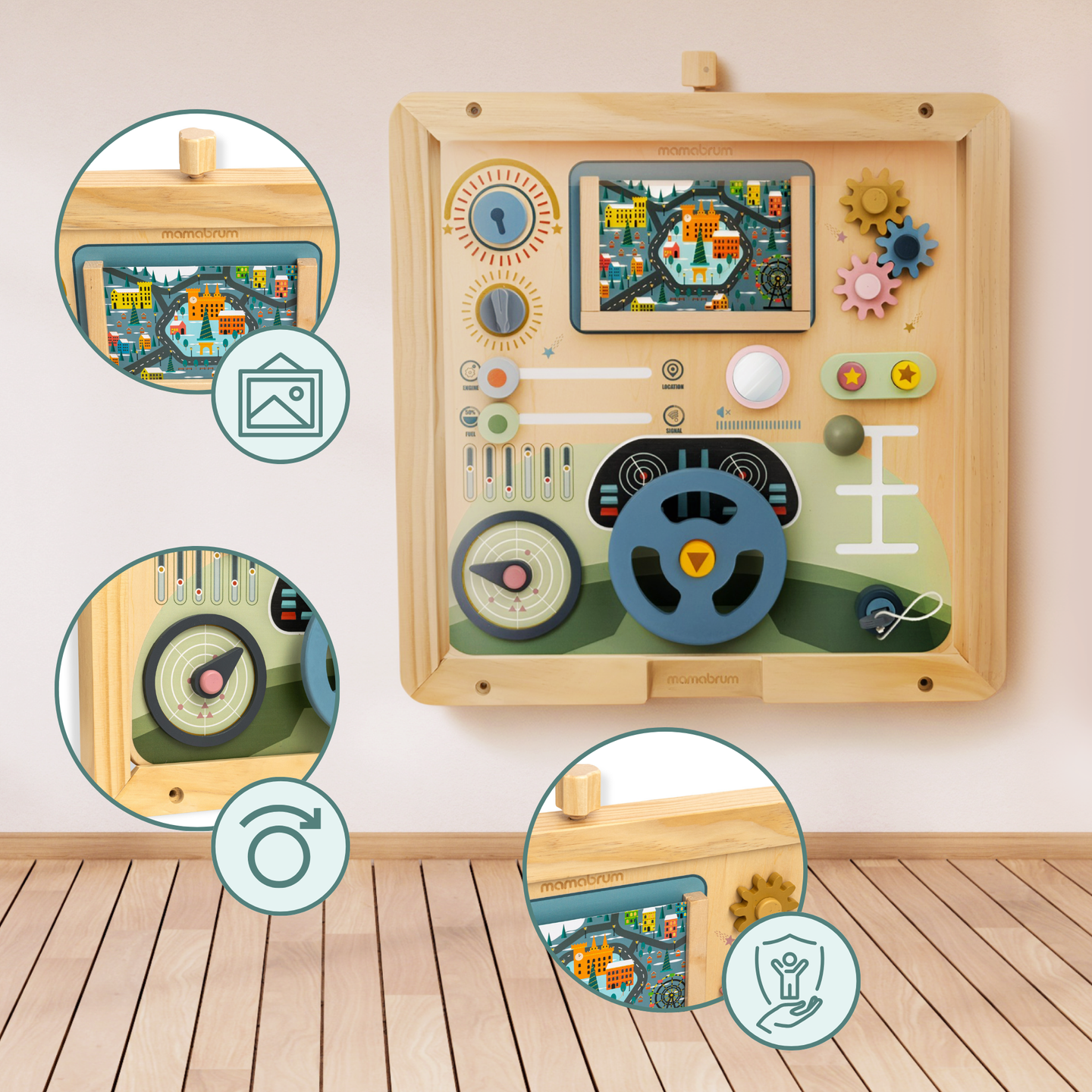 Planche Montessori en bois 2 en 1 Cockpit pour le petit conducteur et pilote – volant, levier de vitesse, cartes de voyage, radar