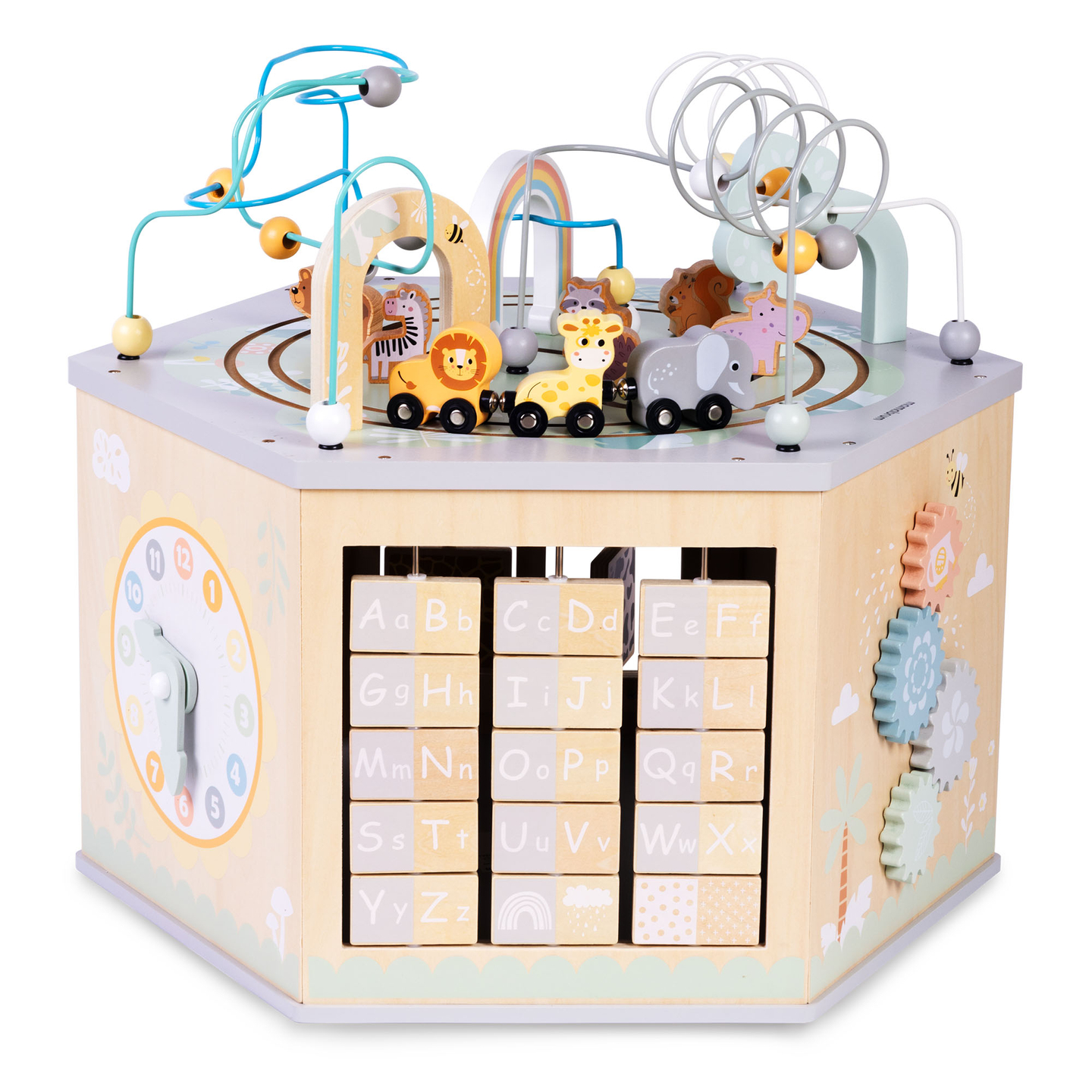 Grand cube éducatif en bois - un jouet Montessori avec un train magnétique et des boucles motrices