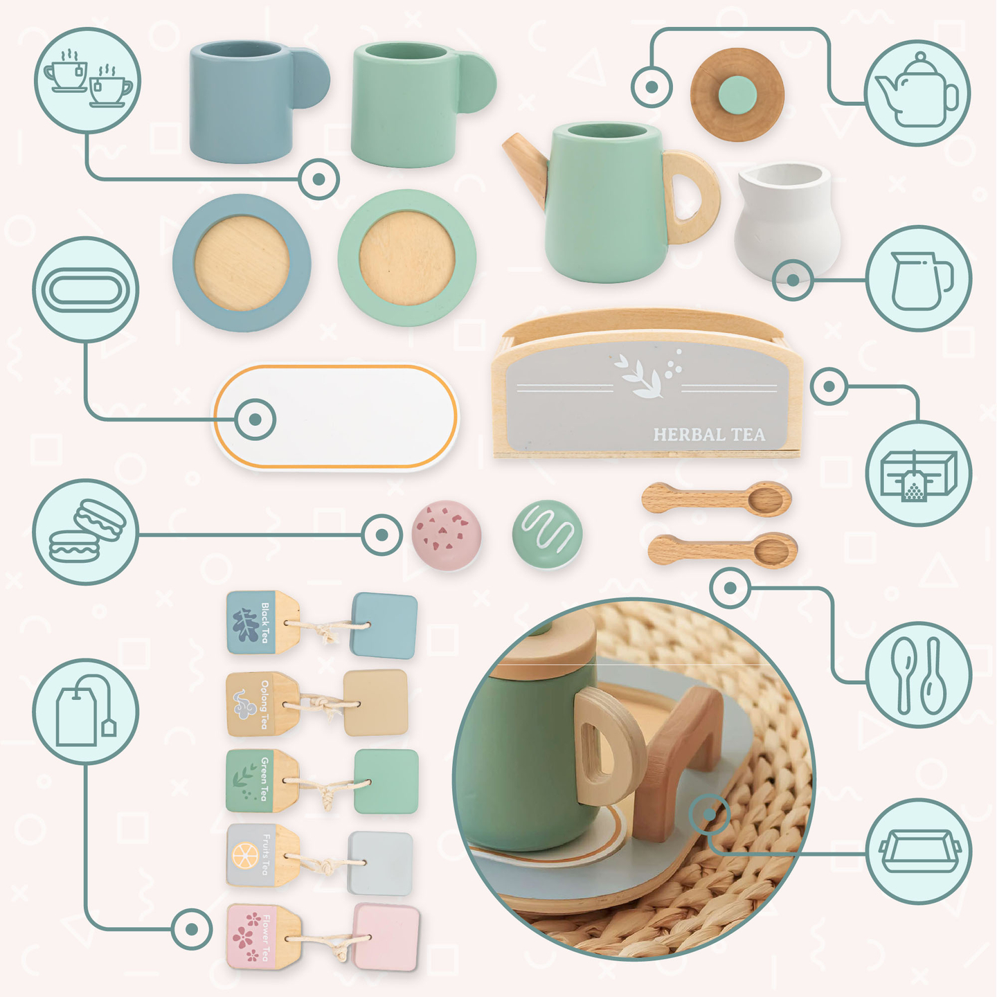 Grand service à thé en bois avec plateau - 18 pièces