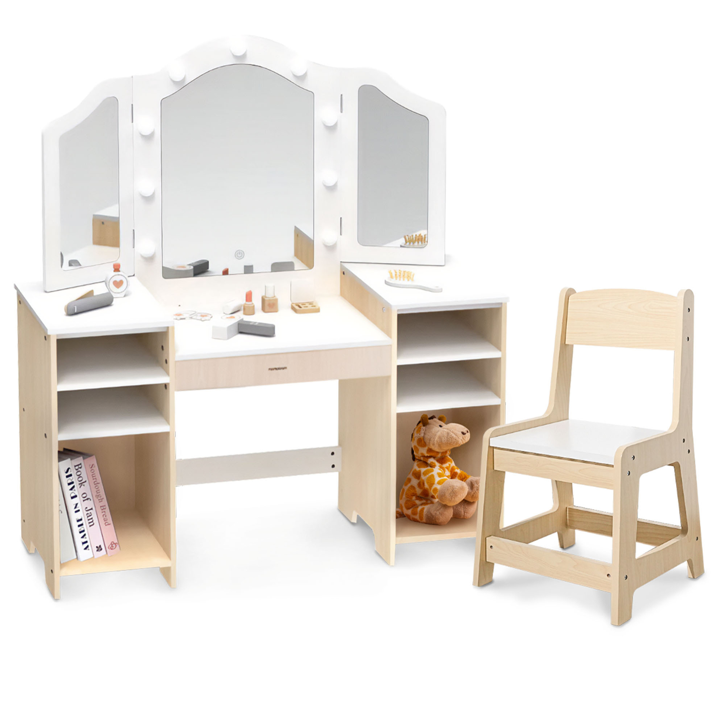 Table à langer en bois pour enfants avec chaise, accessoires et éclairage LED