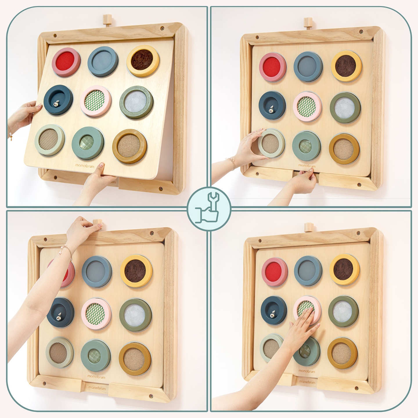 Tableau sensoriel Montessori en bois – 9 textures à découvrir et à développer le sens du toucher
