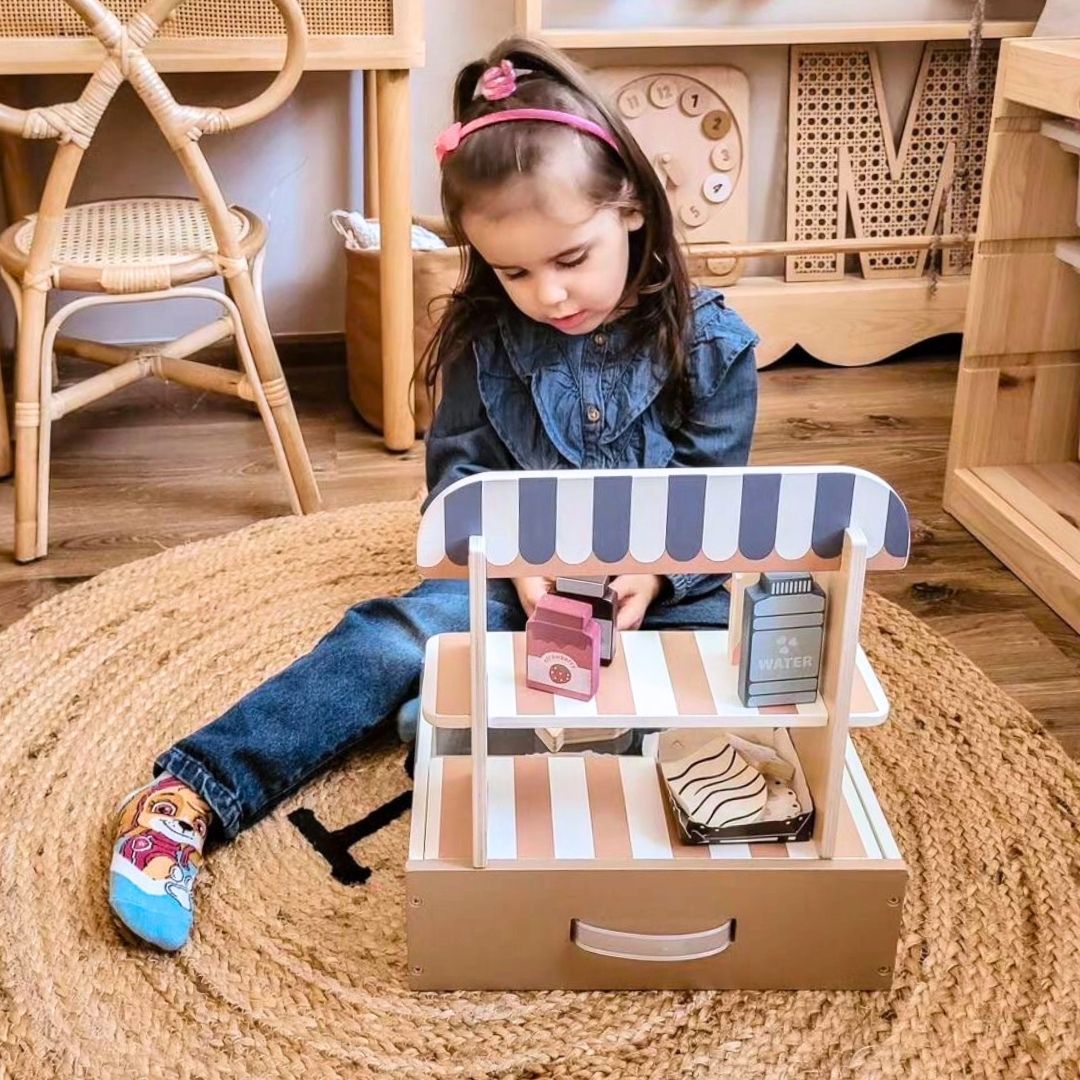 Boutique pliante en bois - café, pâtisserie avec accessoires