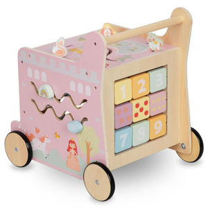 Déambulateur 2-en-1 en bois avec fonction cube éducatif, rose