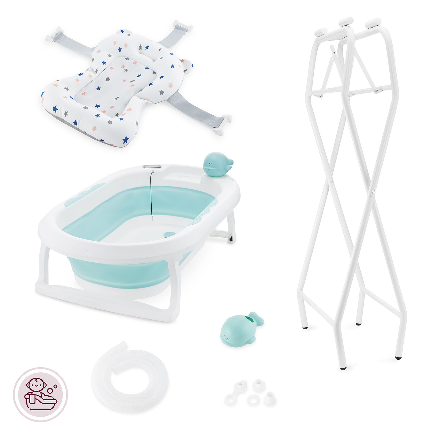 Baignoire pliante pour bébé avec thermomètre, insert et support - couleur menthe