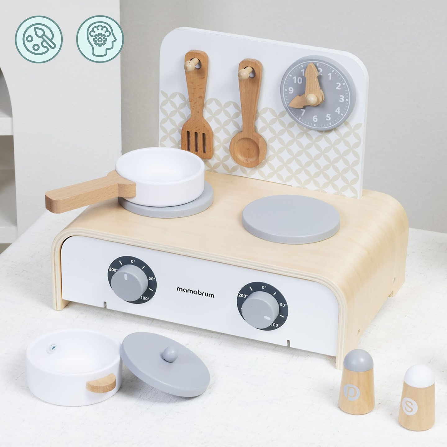 Cuisine pliante en bois Mamabrum pour enfants - Ensemble avec casseroles, accessoires de cuisine et rangement