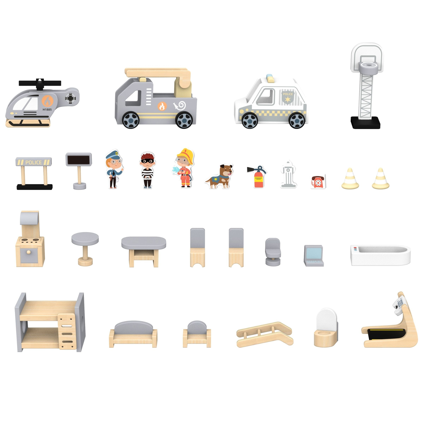 Grande caserne de pompiers pliante avec poste de police - ensemble en bois. Caserne de pompiers et poste de police avec accessoires.