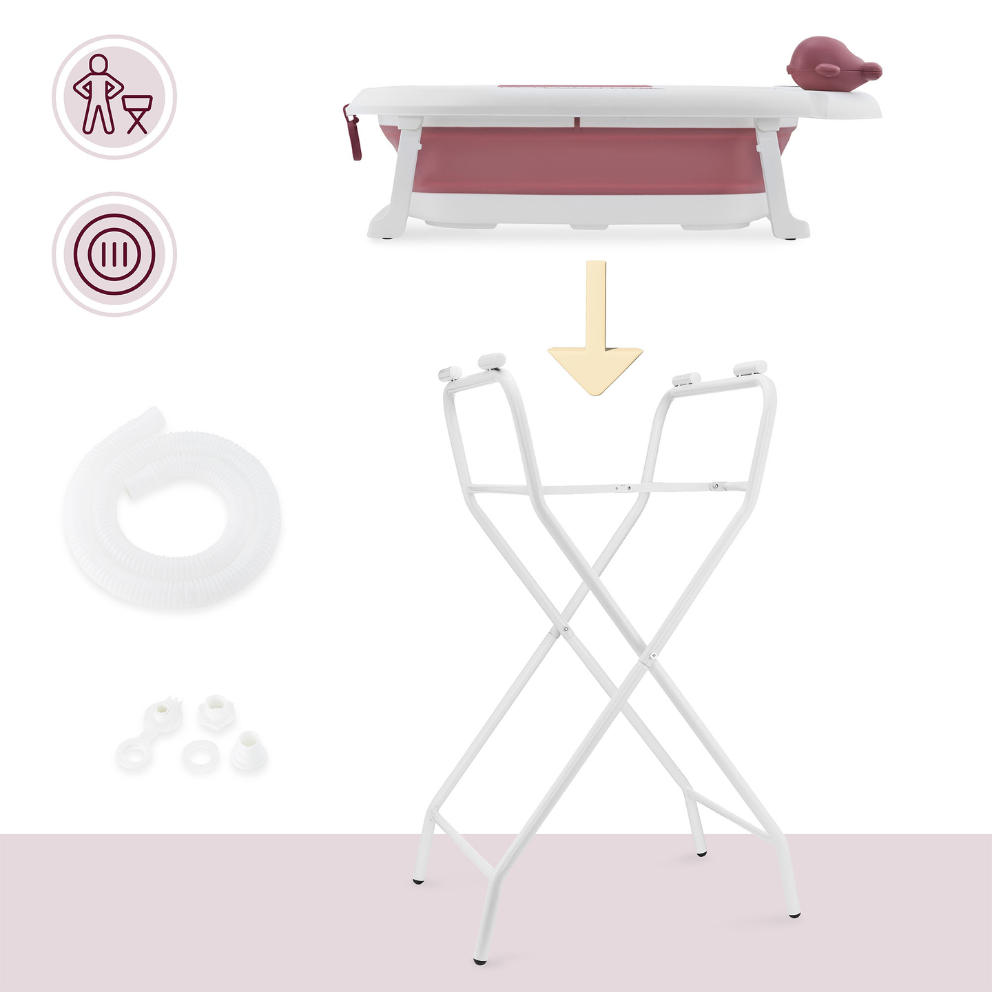 Baignoire pliante pour bébé avec thermomètre, insert et support - couleur rose sale