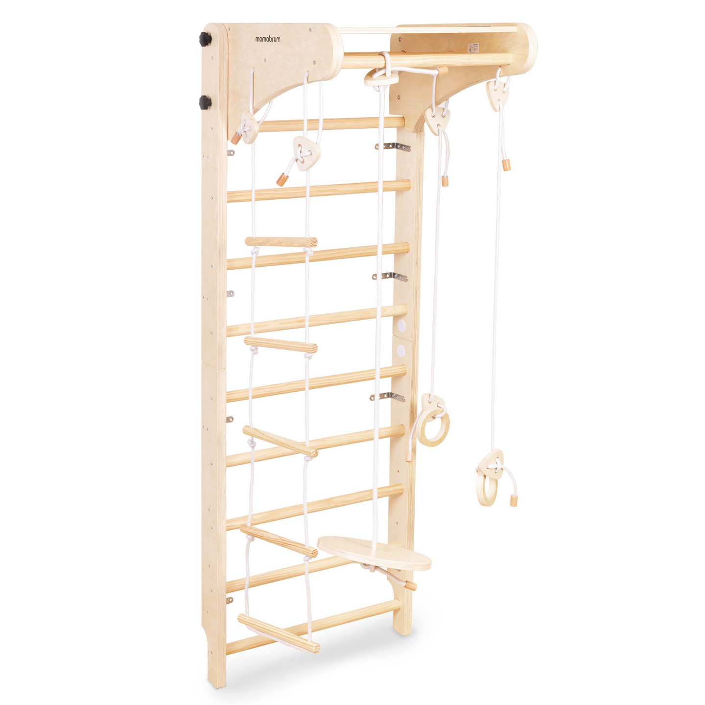 Échelle de gymnastique en bois pour enfants avec accessoires - une balançoire à assiettes, des anneaux de gymnastique et une échelle de corde