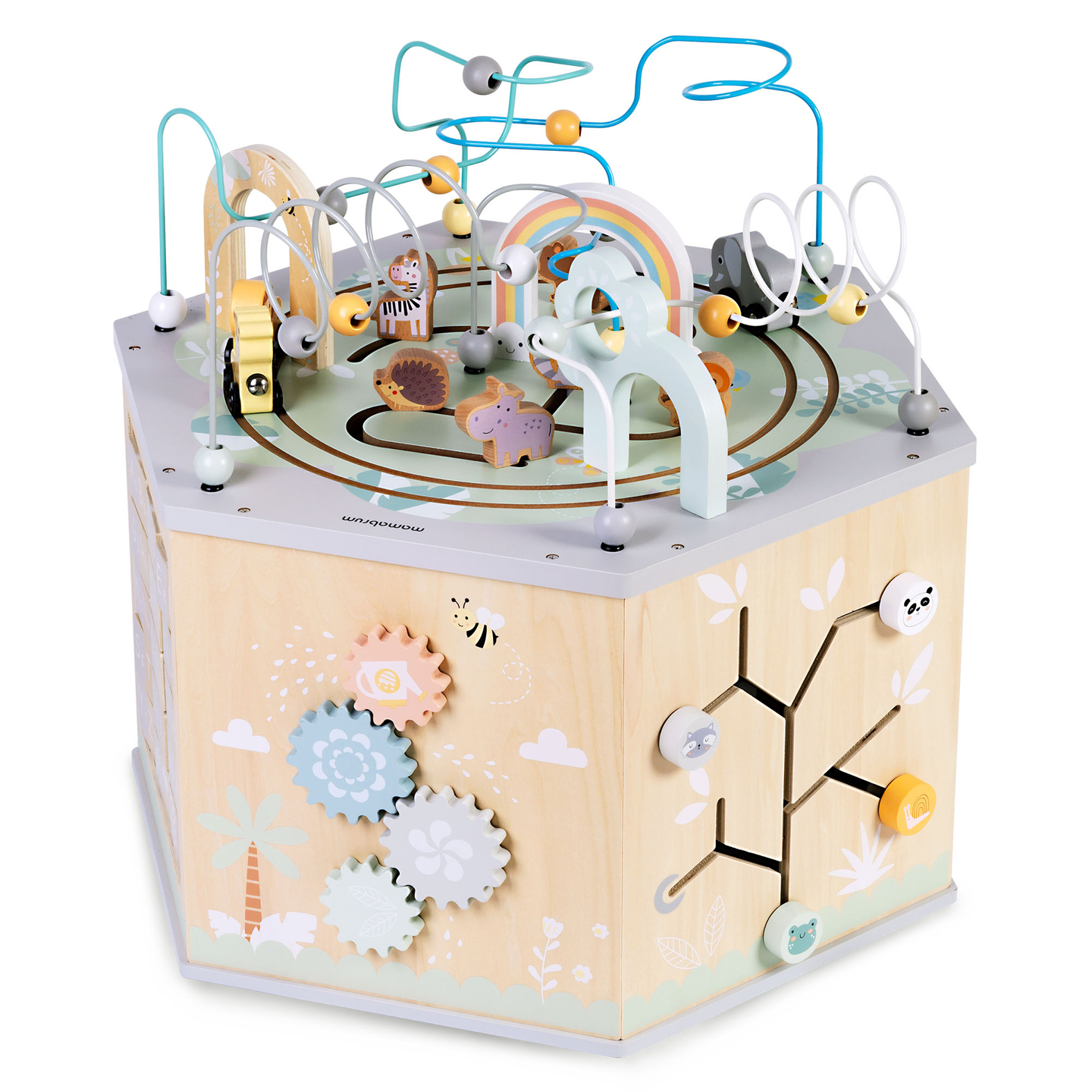 Grand cube éducatif en bois - un jouet Montessori avec un train magnétique et des boucles motrices