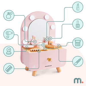 Mini coiffeuse en bois pour enfants avec accessoires et éclairage LED à luminosité réglable.