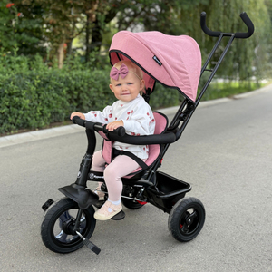 Tricycle pour enfants 1-4 ans - TOBI FREY - couleur rose - pivotant - roues pompées + pousseur