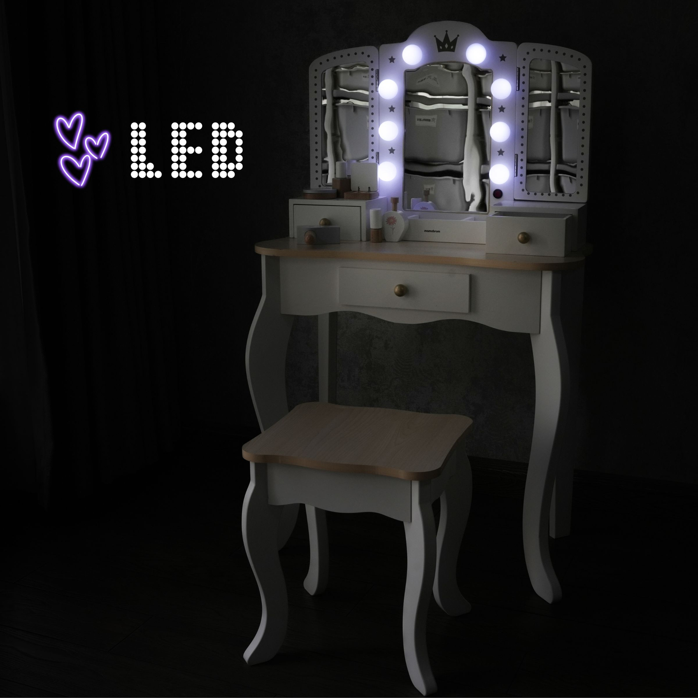 Coiffeuse XXL en bois avec tabouret et éclairage LED pour enfants + accessoires
