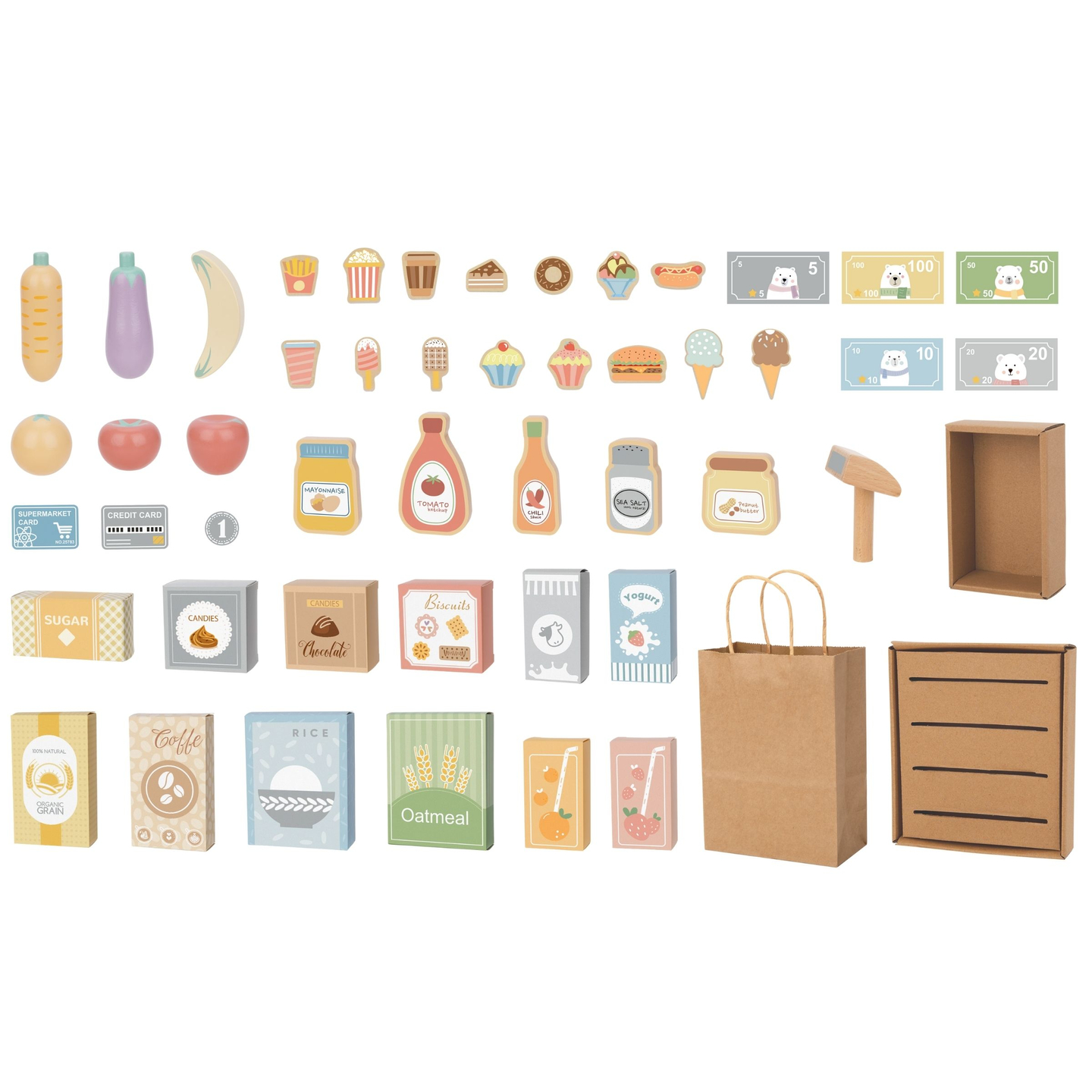 Marché aux légumes en bois - grand étal XXL, magasin avec caisse enregistreuse ludique