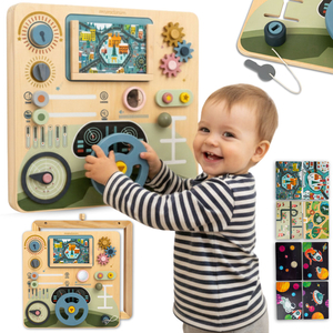 Planche Montessori en bois 2 en 1 Cockpit pour le petit conducteur et pilote – volant, levier de vitesse, cartes de voyage, radar