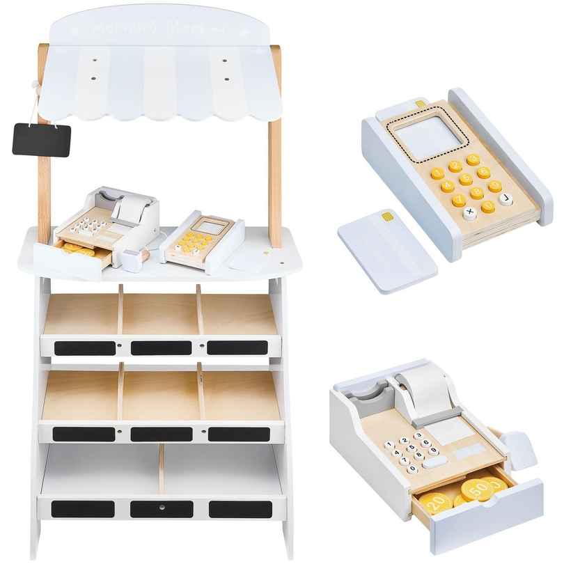 Magasin de légumes - étalage en bois avec caisses, caisse enregistreuse et terminal