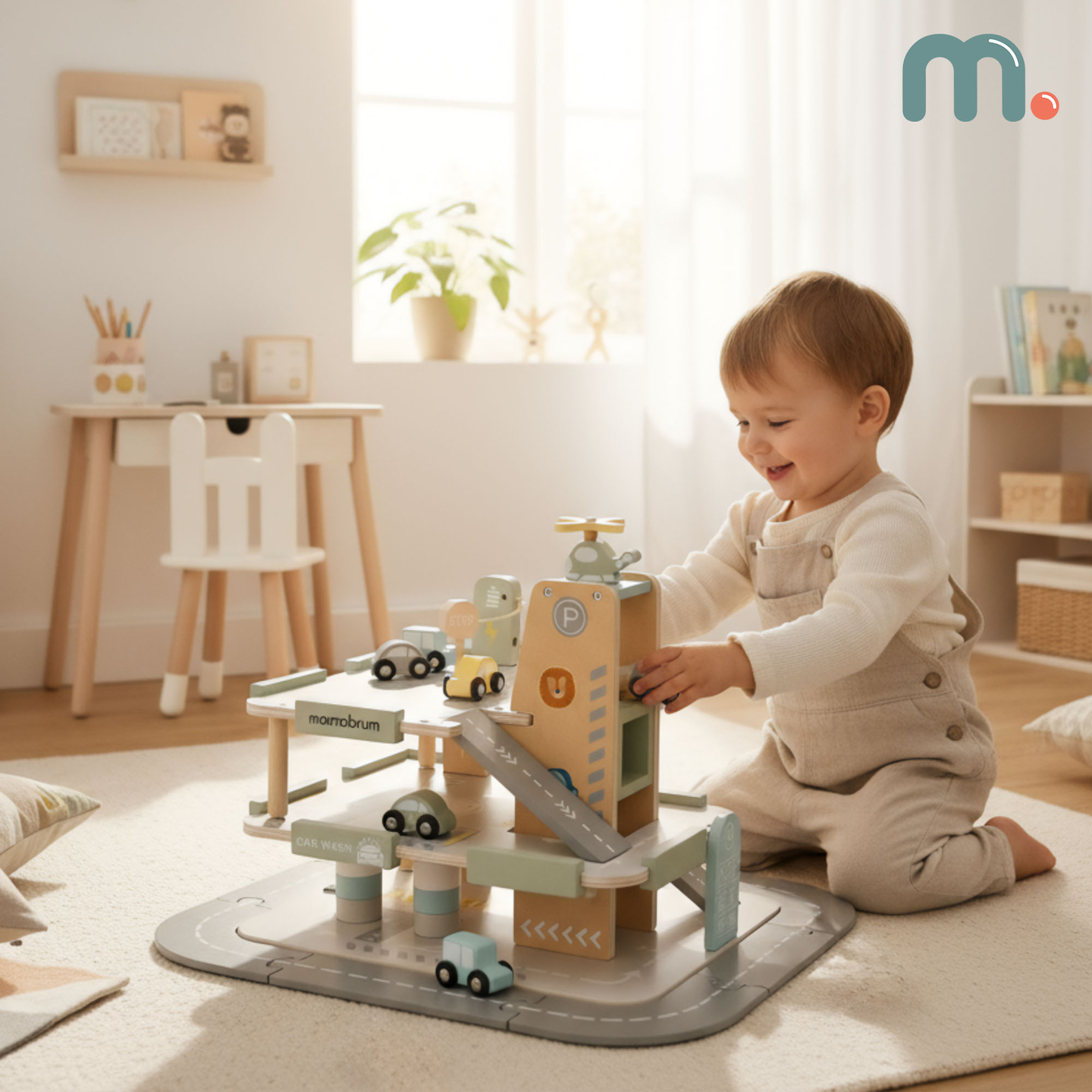 Garage en bois à trois étages pour enfants avec accessoires – parking, station-service, lave-auto, hélicoptère