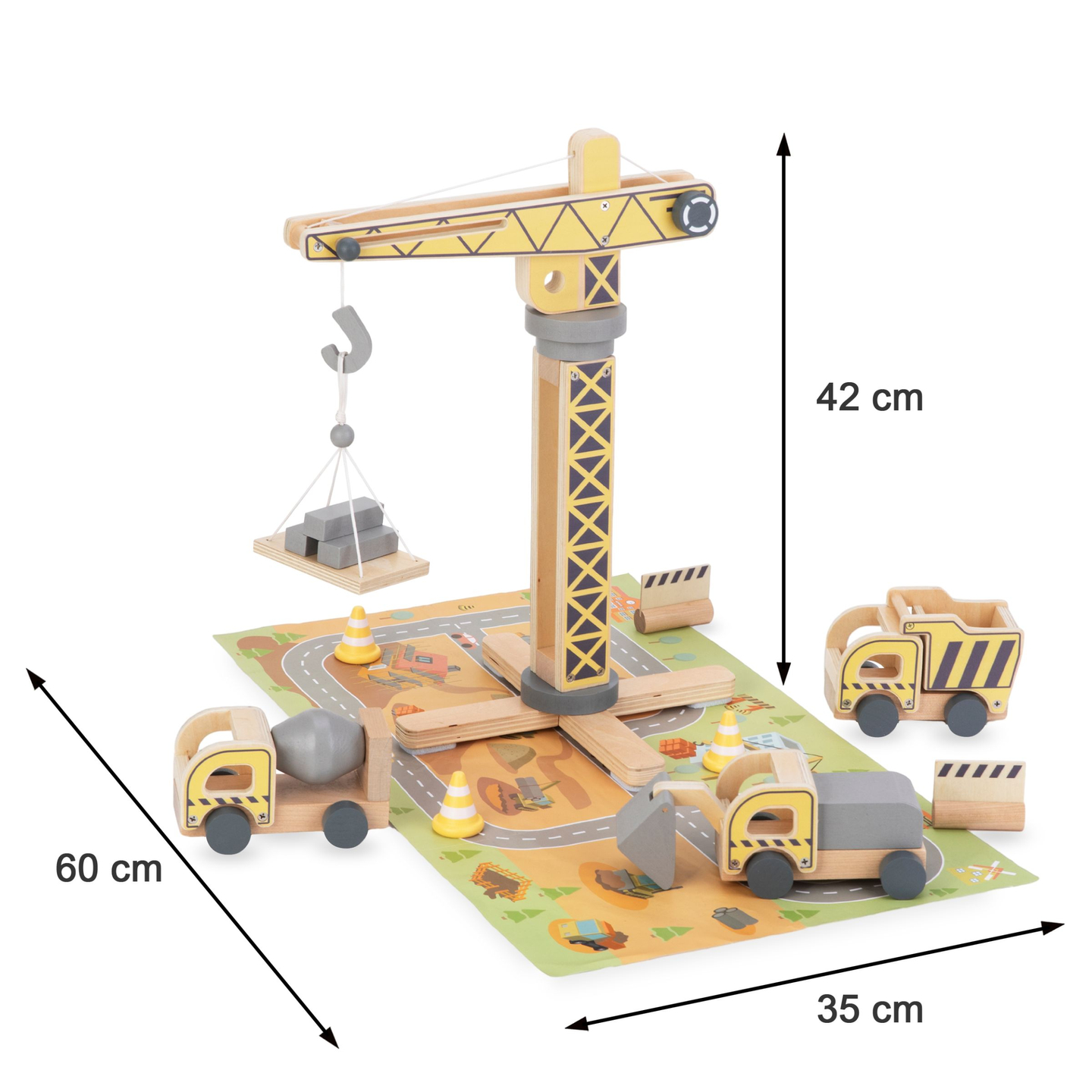 Chantier de construction en bois avec grande grue mobile et véhicules, grue à tour