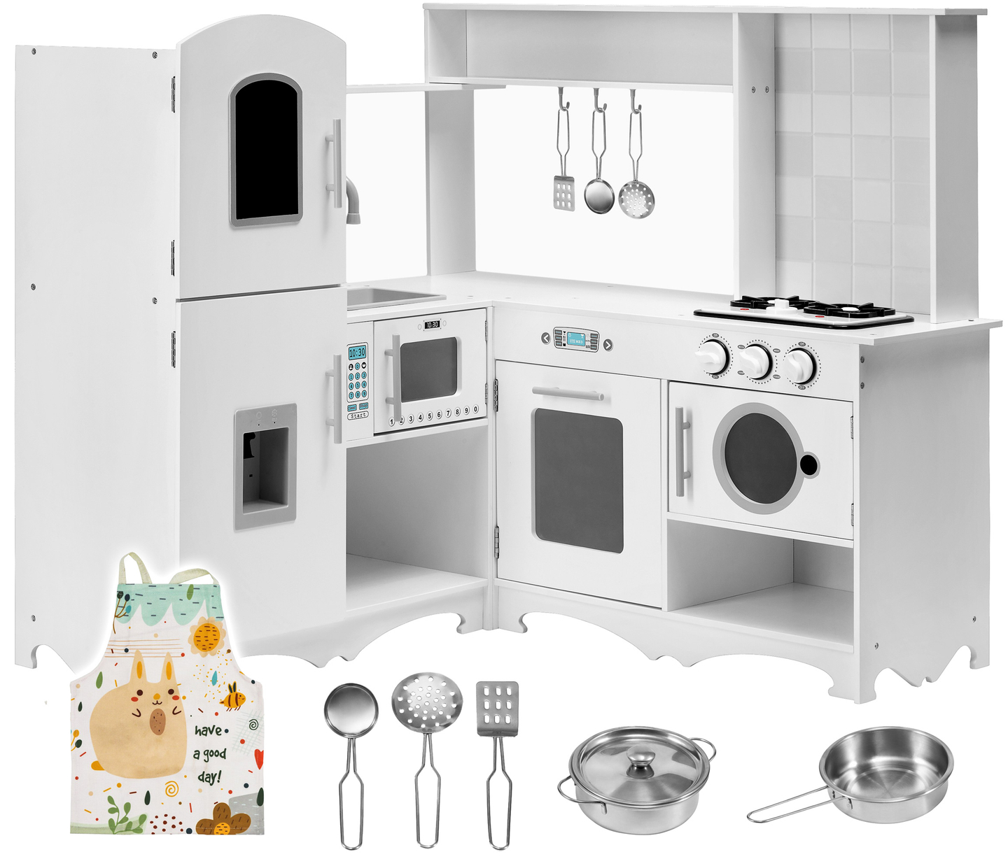 Coin cuisine XXXL en bois avec réfrigérateur, four, machine à laver, tablier et accessoires 