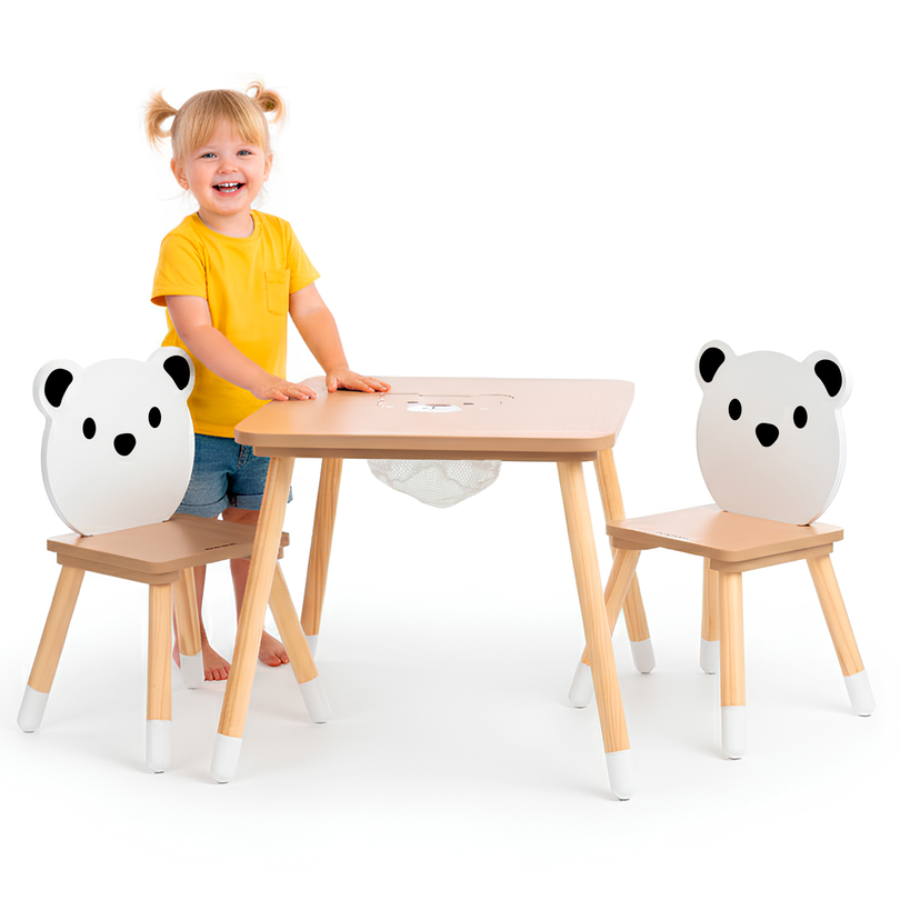 Table en bois avec rangement et 2 chaises Ensemble enfant - Ours en peluche mignon