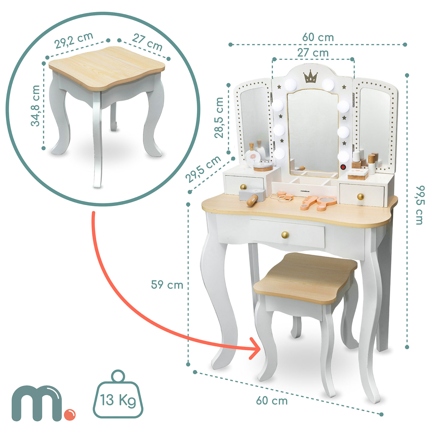 Coiffeuse XXL en bois avec tabouret et éclairage LED pour enfants + accessoires