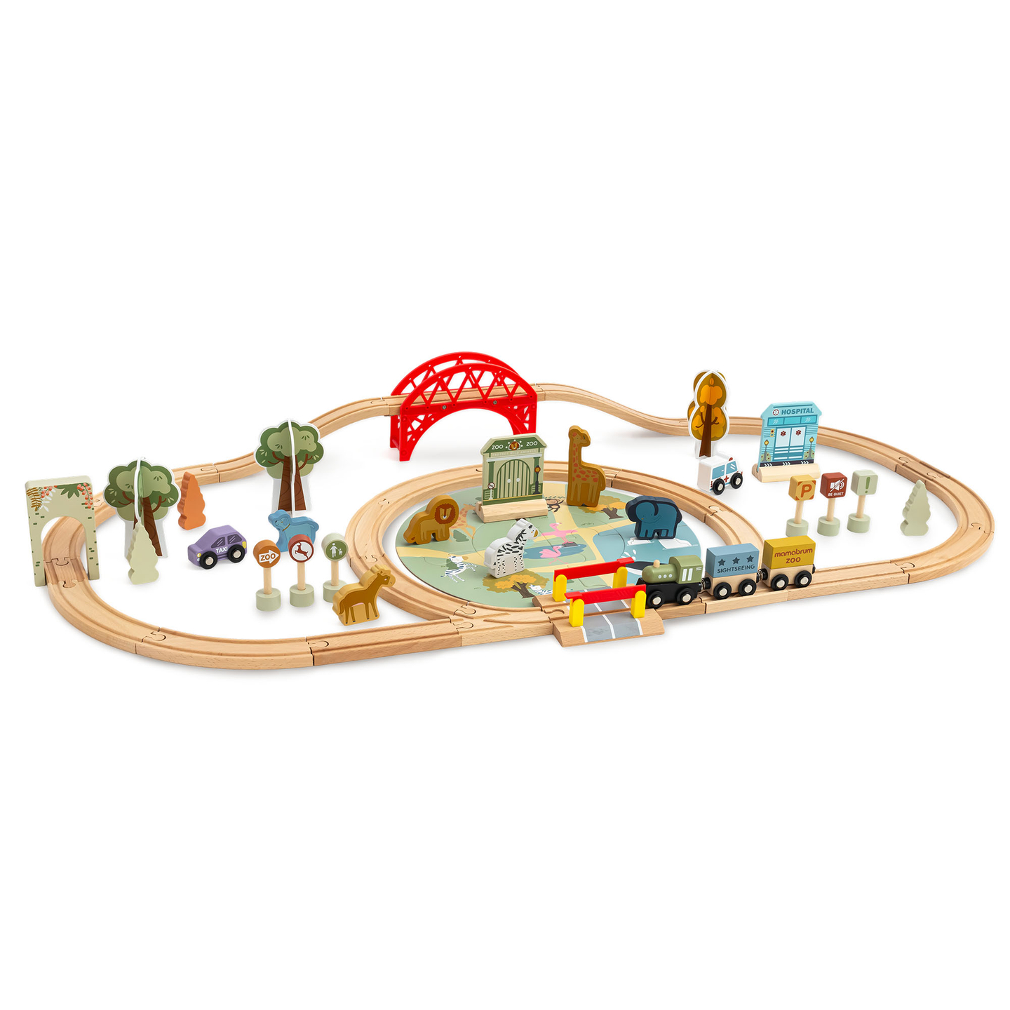 Train ZOO en bois – puzzle, train, rails, animaux, pont, barrière