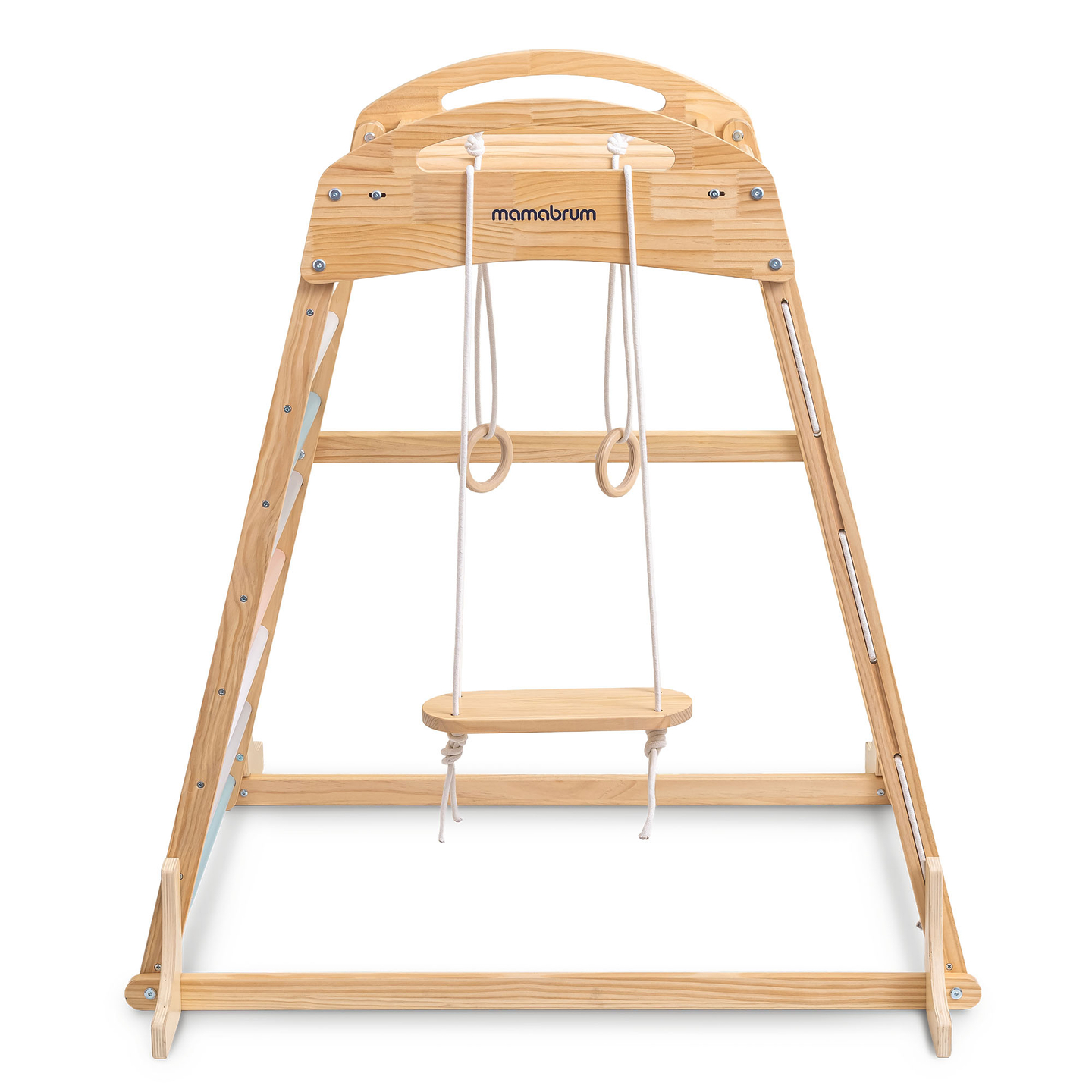 Aire de jeux intérieure en bois avec balançoire, anneaux de gymnastique et filet d'escalade