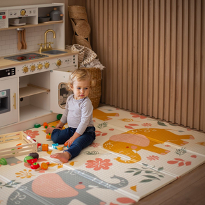 Tapis pliant double face en mousse 180 x 120 x 1cm - Eléphants exotiques/Gris délicat