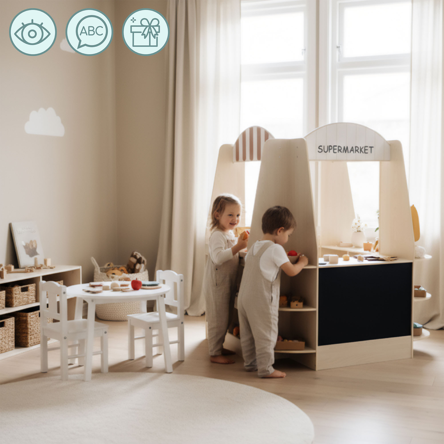 Grande boutique en bois pour enfants avec tableau noir - 91 pièces pour faire du shopping en toute simplicité !